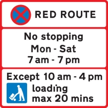 Red Route No Stopping Mon - Sat 7am - 7pm except 10am - 4pm loading max 20 mins